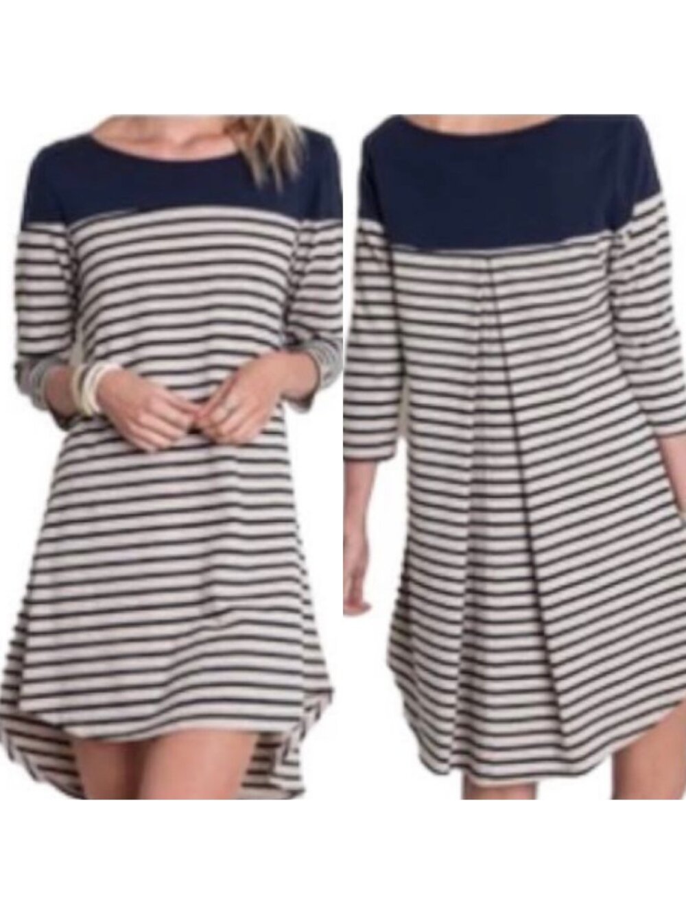 UMGEE Beige + Navy Blue Striped 3/4 Length Sleeve Pleated Back Tunic Dress Small